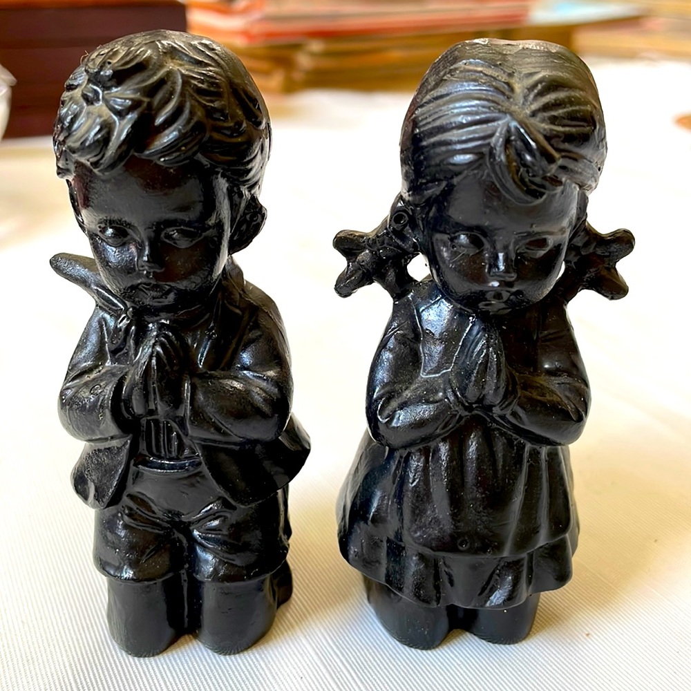 Hand crafted from coal Praying Boy & Girl figurines pair 3 7/8” tall